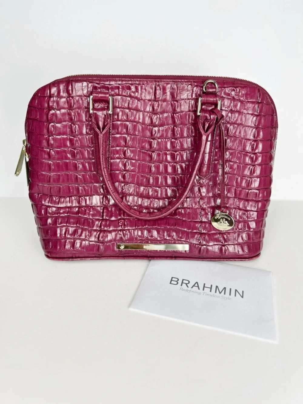 Brahmin La Scala Purple Pink Croc Embossed Boysenberry Vivian Dome Satchel